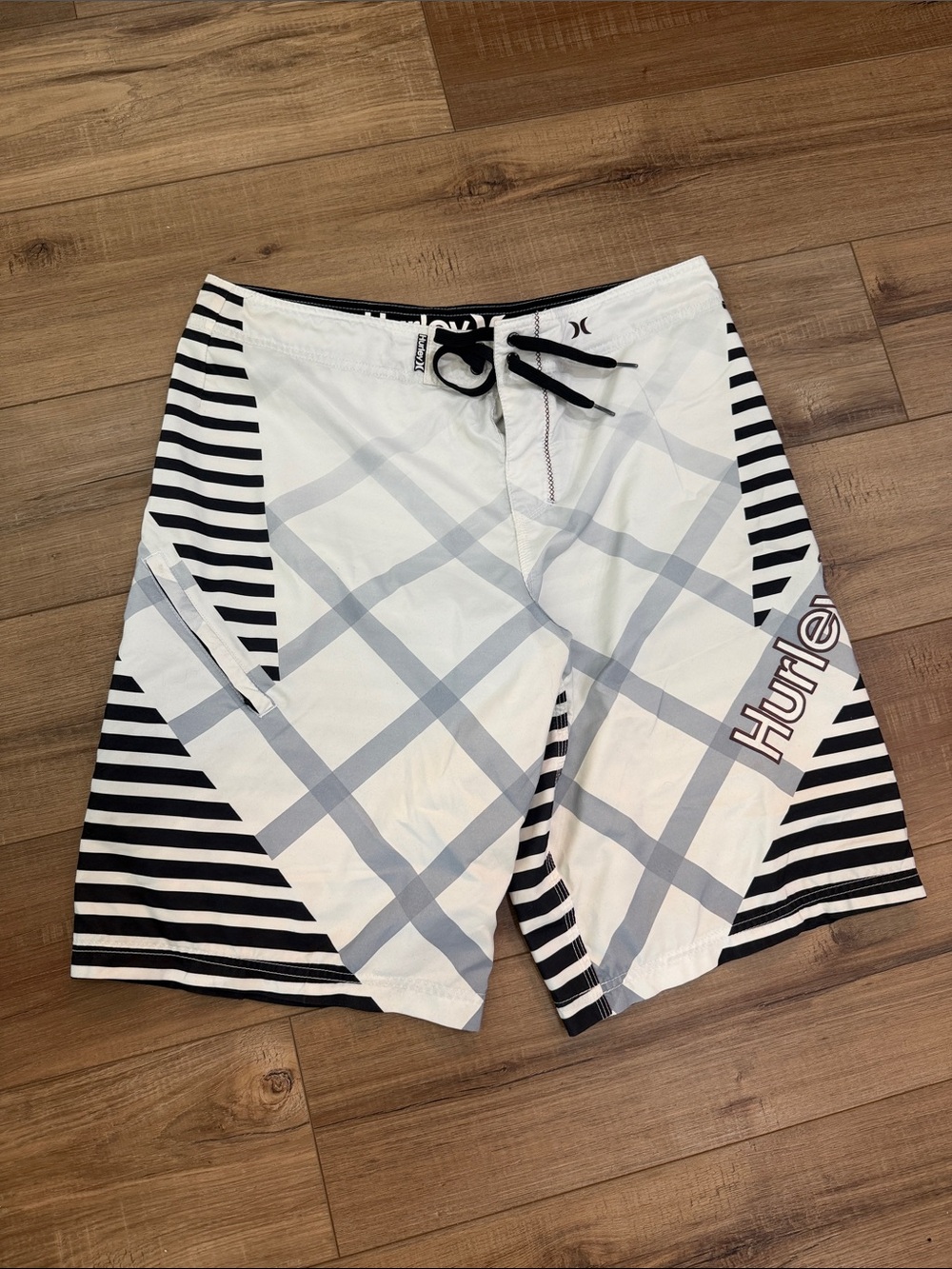 Hurley White, Black & Light Gray Plaid Stripe Board Shorts